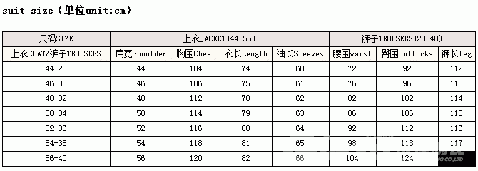 北京普特圣美西裝尺碼對應(yīng)表